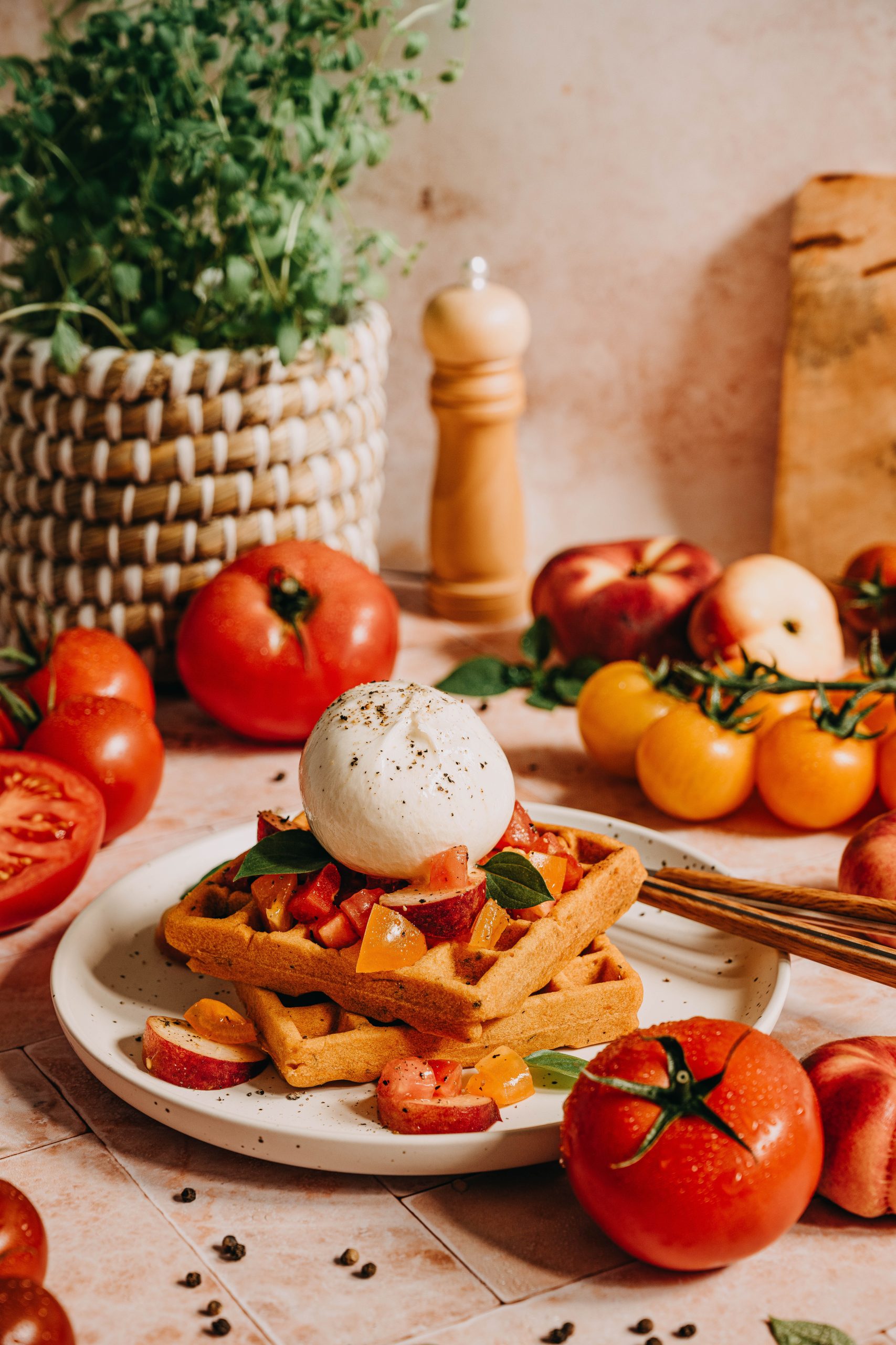 Herzhafte Tomatenwaffeln mit Pfrisch-Tomatensalat und Burrata